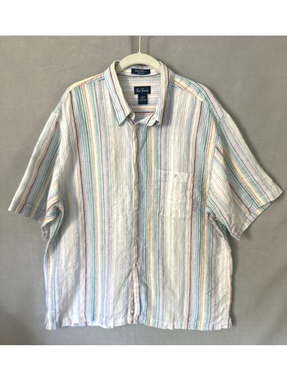 Paul Fredrick Mens XL Multi Stripes 100% Linen Short Sleeve  Shirt Front Pocket